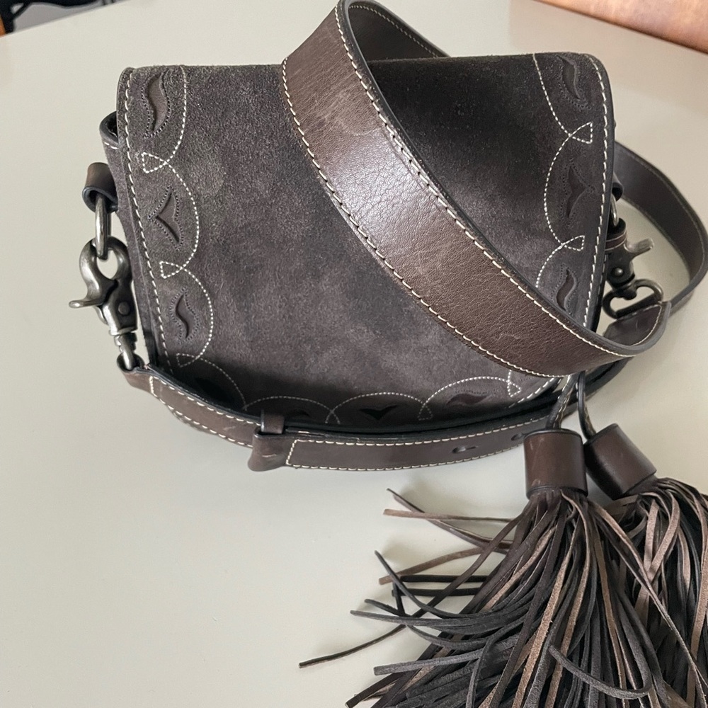 Frye Mini Saddle Contrast Stitch Crossbody Bag Charcoal Suede